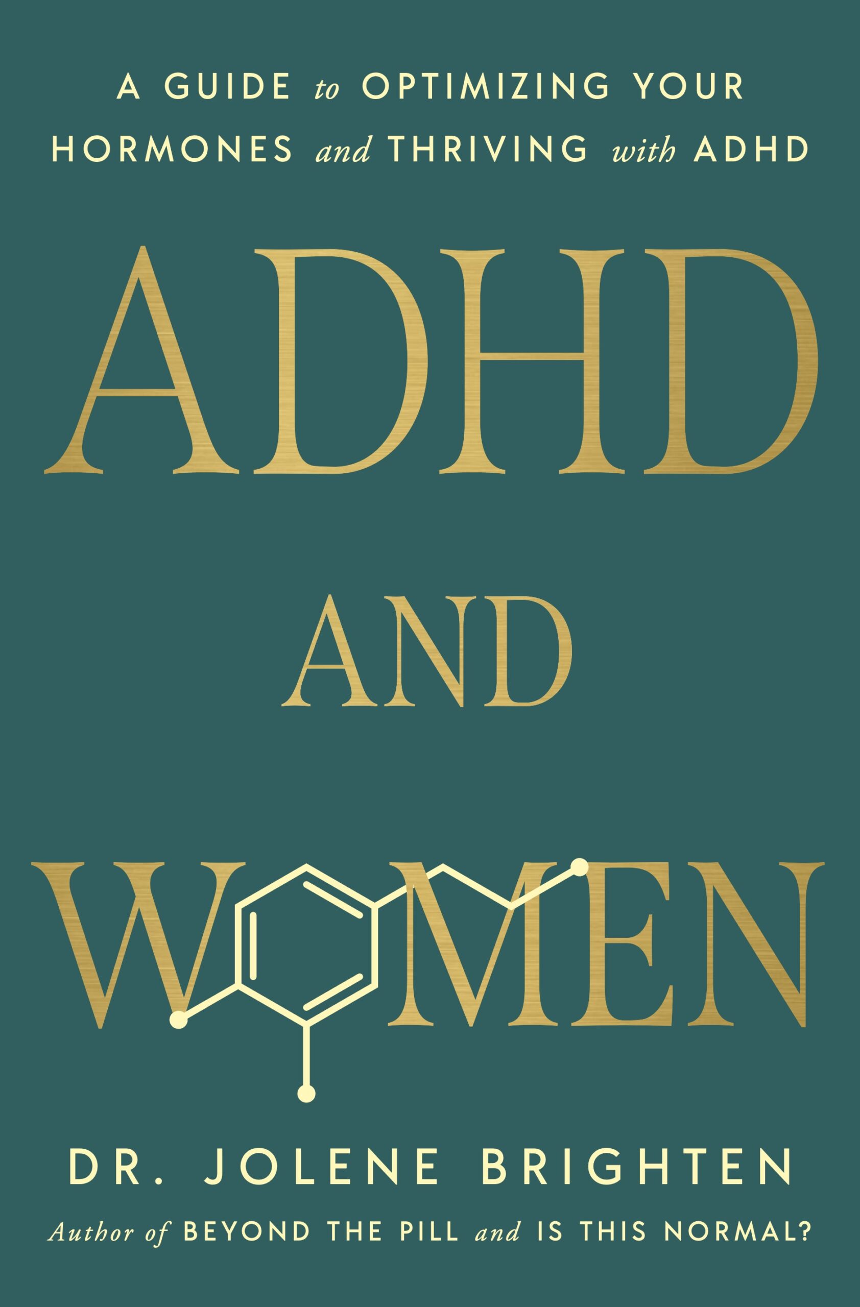Cover of ADHD and Women by Dr. Jolene Brighten — teal hardcover with gold lettering