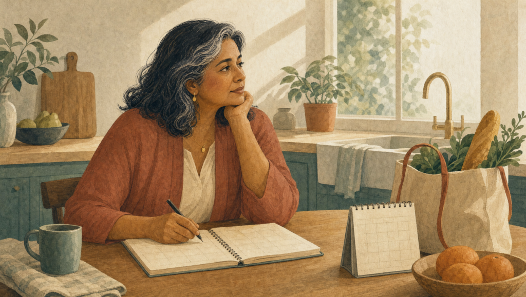 Illustration of a woman at a kitchen table with an open planner, a calendar, and a bag of groceries.