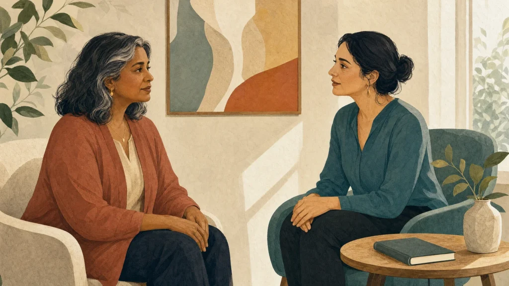 Illustration of a woman speaking with a healthcare professional in a consultation room.