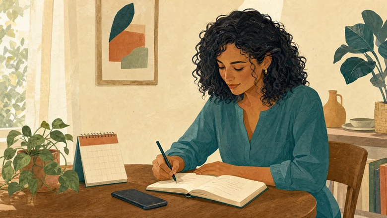 Illustration of a woman writing in a notebook beside a calendar and a phone.