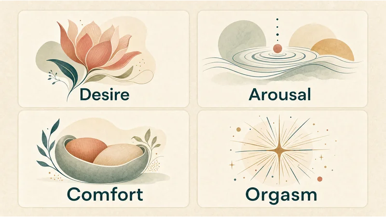 Four illustrated panels labeled Desire, Arousal, Comfort, and Orgasm distinguish parts of sexual experience.